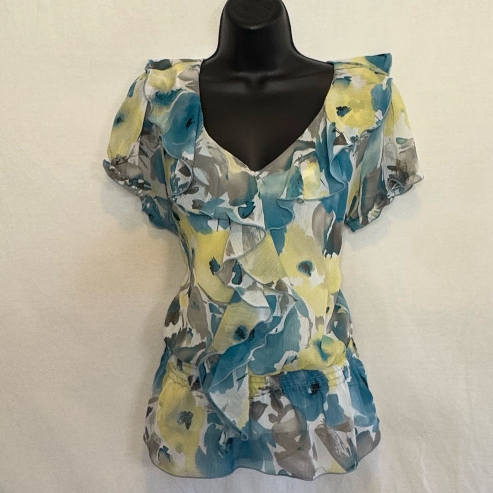 New Directions Blue Yellow White & Gray‎ Floral Ruffle Lined Blouse Size LP